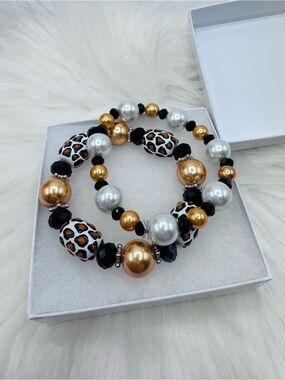 Chunky Leopard Print Beaded Bracelet faux Pearls Stretch Stack